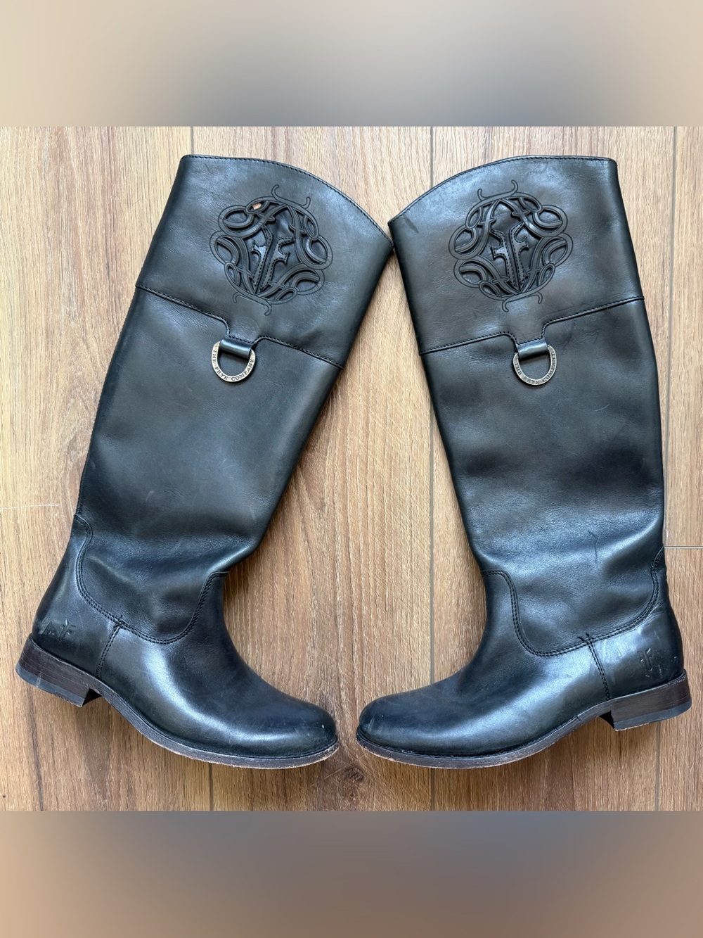 Frye Melissa Logo D Ring Antiqued Leather Womens Boot Black Sz 5.5B
